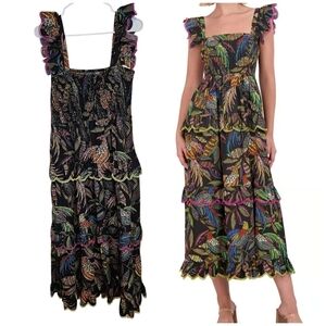 Vince Camuto Floral Bird Tropical Ruffle Sleeve Eyelet Cotton Midi Tiered Dres